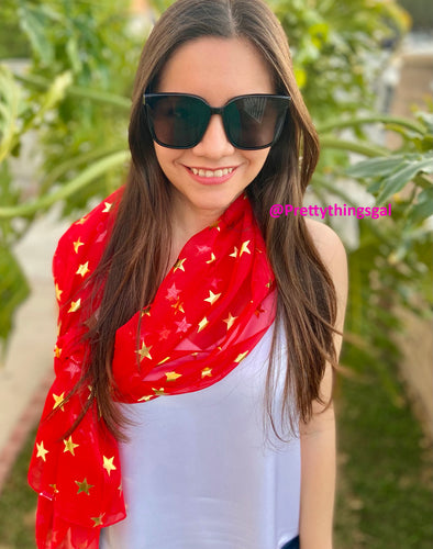 Patriotic Red Scarf with Gold Stars - Lightweight Scarves